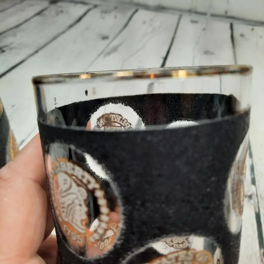 LIBBEY Coin Textured Highball Glasses Black & Gold Vintage Set of 4 Tumblers